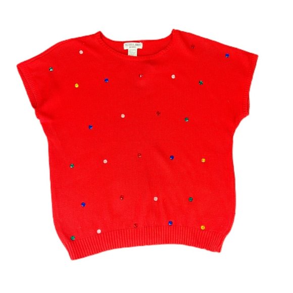 Vintage Red Bedazzled Petite Short Sleeve Sweater | Size Petite Large - Picture 2 of 5